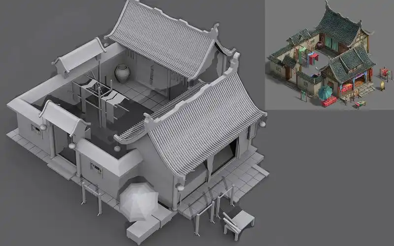 【3dmax建模】中式传统建筑四合院3d模型制作,古风场景基础模型布线